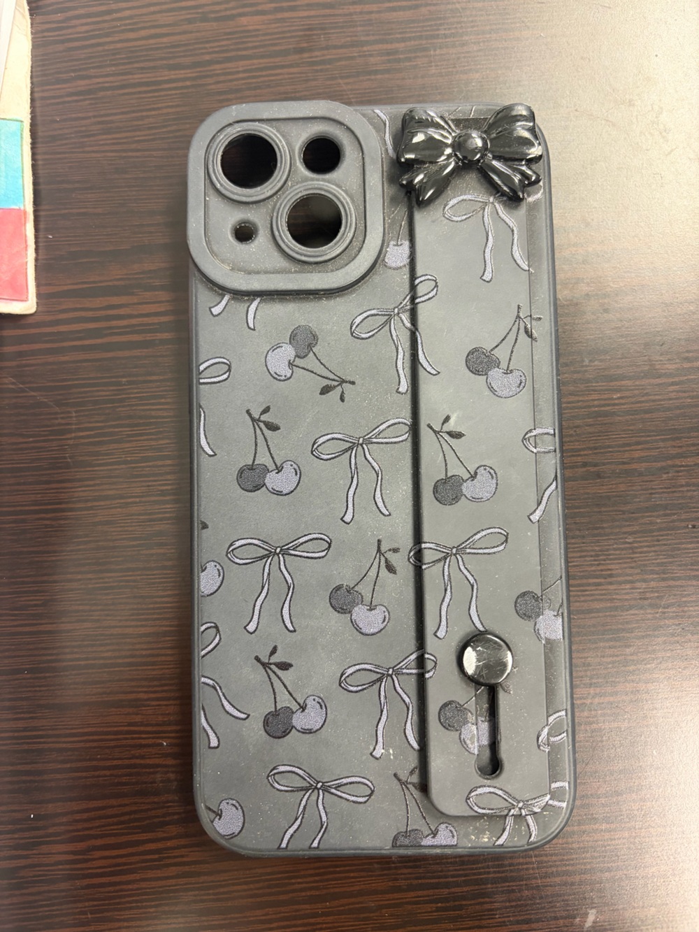 Cherry & Bow Pattern black Phone Case with handle iphone 14
